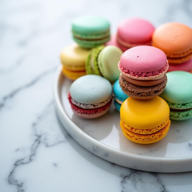 Surtido de macarons de colores vibrantes sobre una superficie de mármol.
