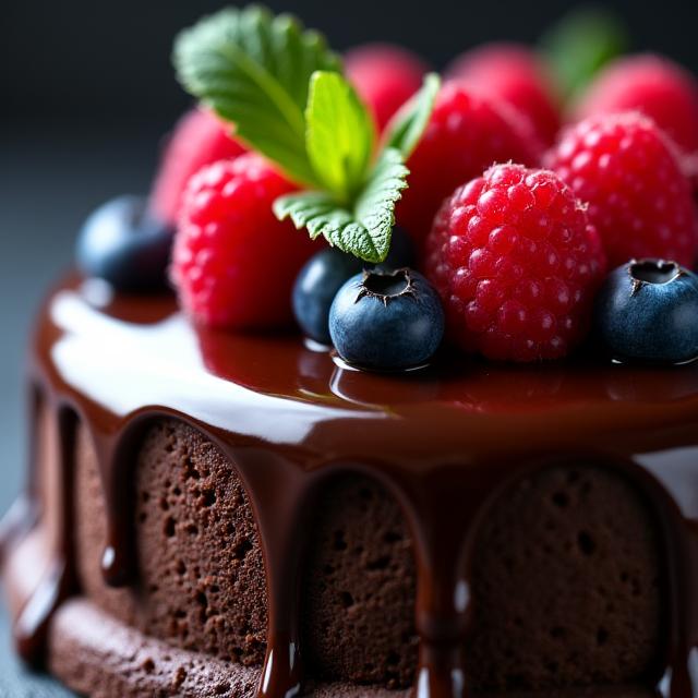 Tarta de chocolate oscuro con cobertura brillante y frutos rojos frescos.