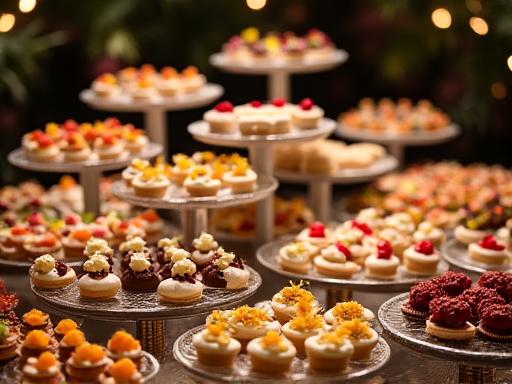 Mesa de catering con una variedad de mini postres y pasteles.
